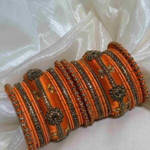 Elegant Orange and Gold Embellished Bangles Set