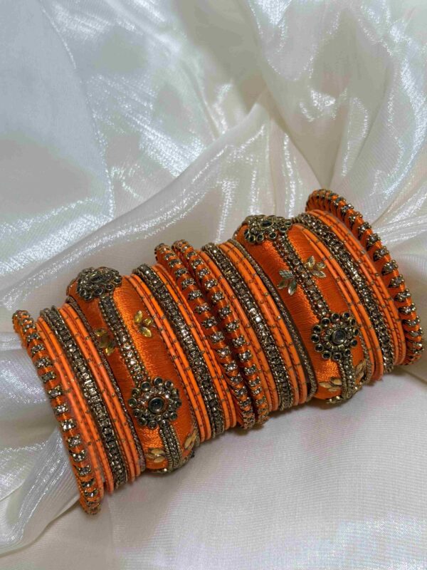 Elegant Orange and Gold Embellished Bangles Set