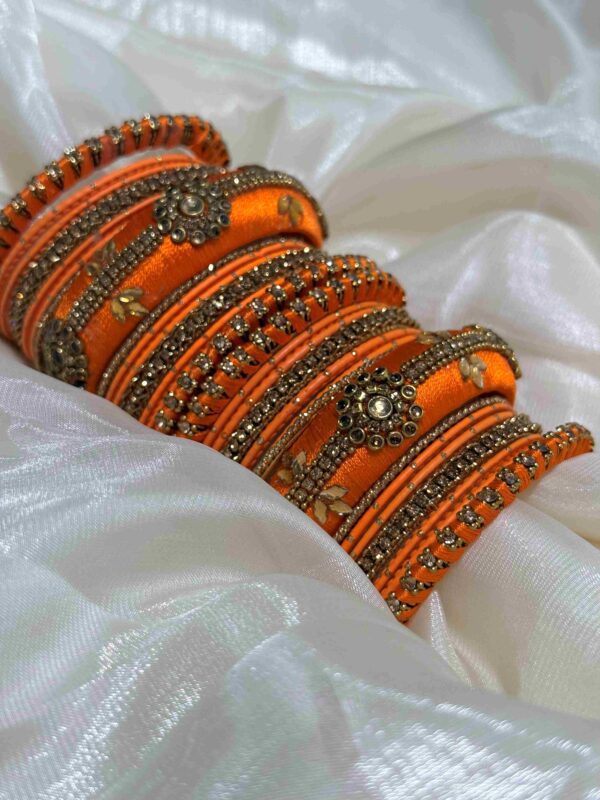 Elegant Orange and Gold Embellished Bangles Set - Image 2