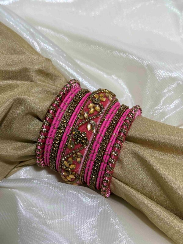 Elegant Pink and Gold Embellished Bangle Set - Image 2