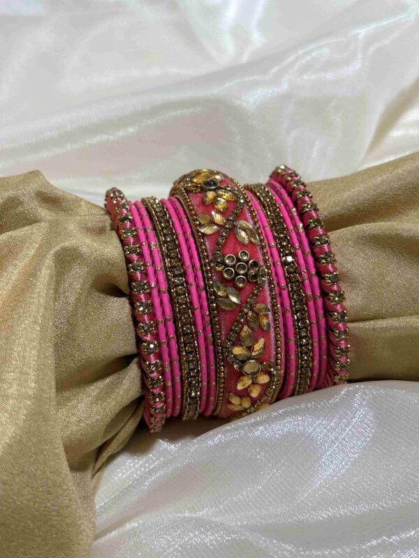 Elegant Pink and Gold Embellished Bangle Set - Image 3
