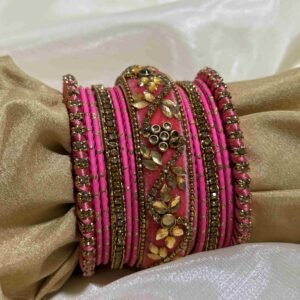Elegant Pink and Gold Embellished Bangle Set