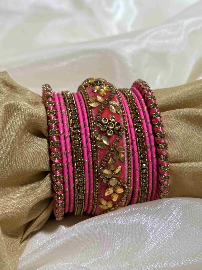 Elegant Pink and Gold Embellished Bangle Set