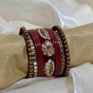 Luxurious Maroon and Gold Bangle Set with Intricate Embellishments