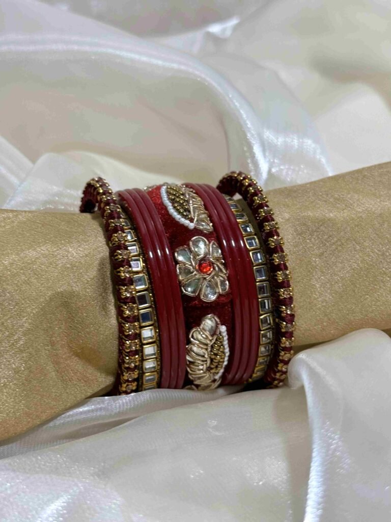 Luxurious Maroon and Gold Bangle Set with Intricate Embellishments