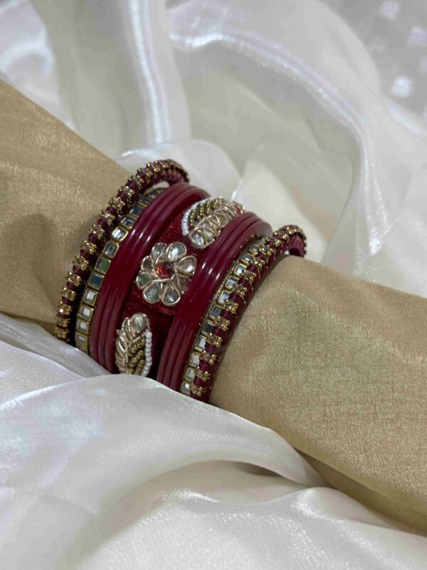Luxurious Maroon and Gold Bangle Set with Intricate Embellishments - Image 2