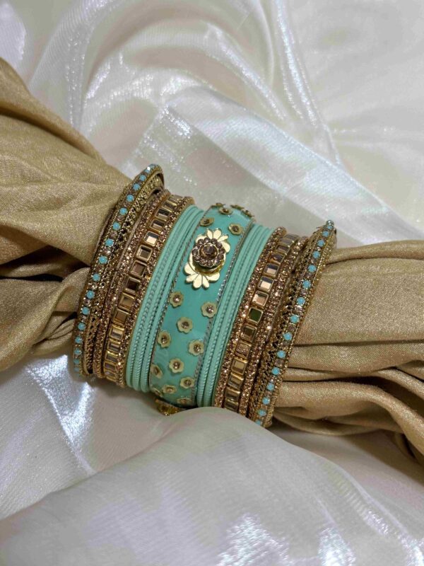Exquisite Turquoise and Gold Embellished Bangle Set - Image 2
