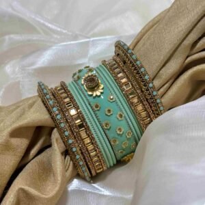 Exquisite Turquoise and Gold Embellished Bangle Set