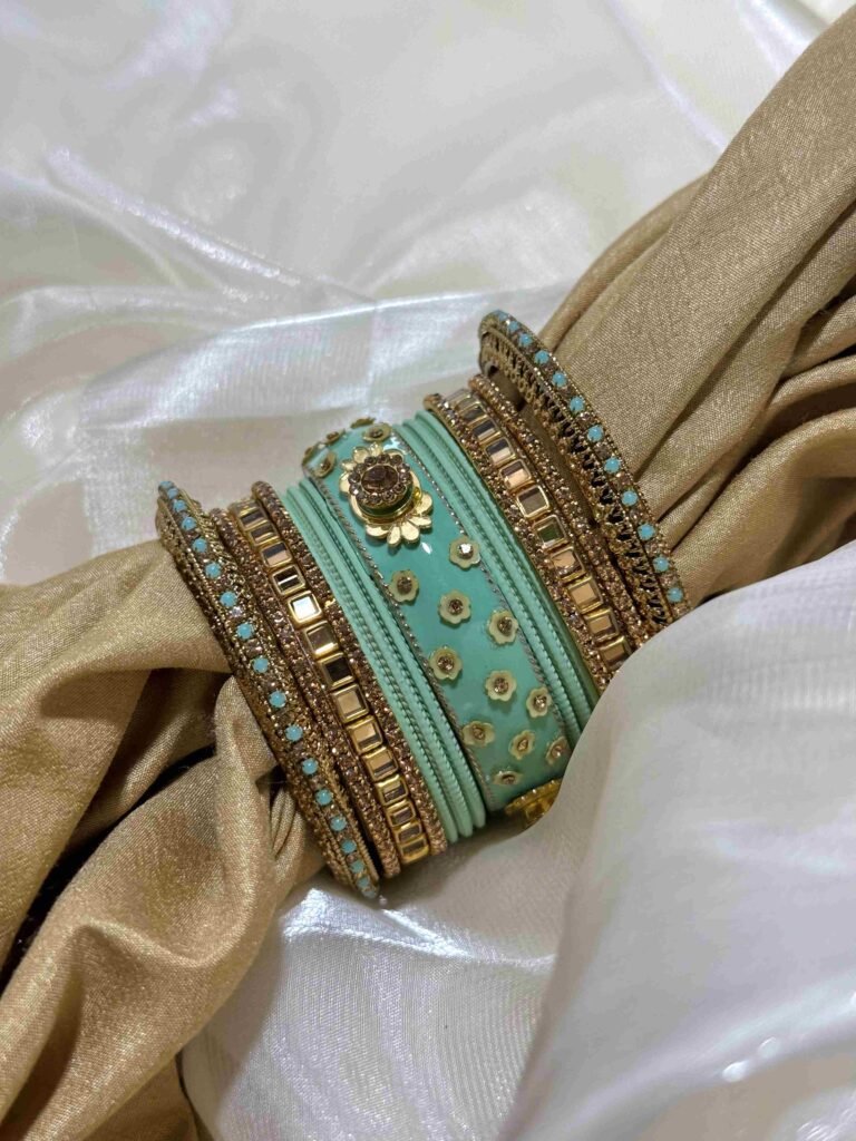Exquisite Turquoise and Gold Embellished Bangle Set