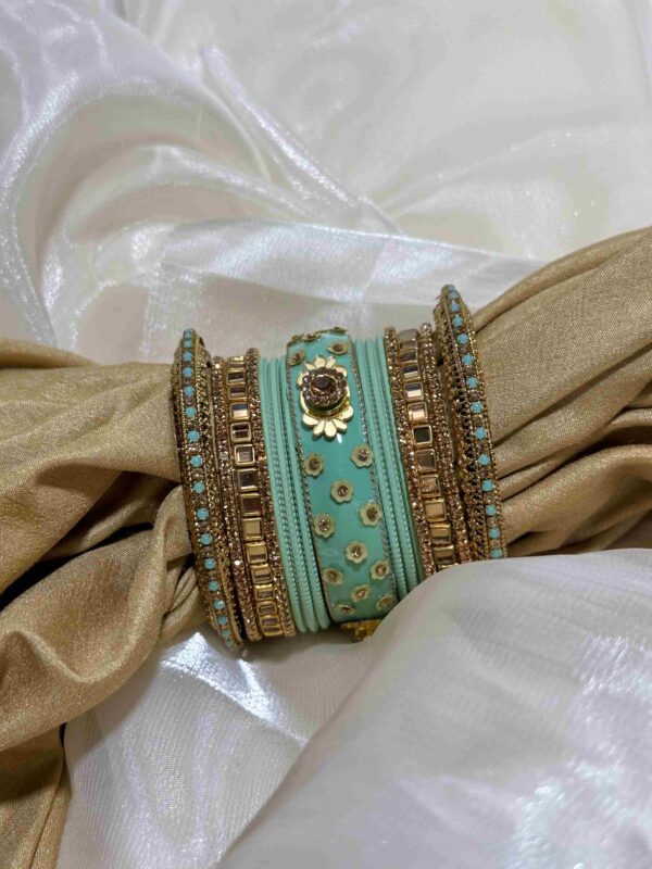 Exquisite Turquoise and Gold Embellished Bangle Set - Image 4