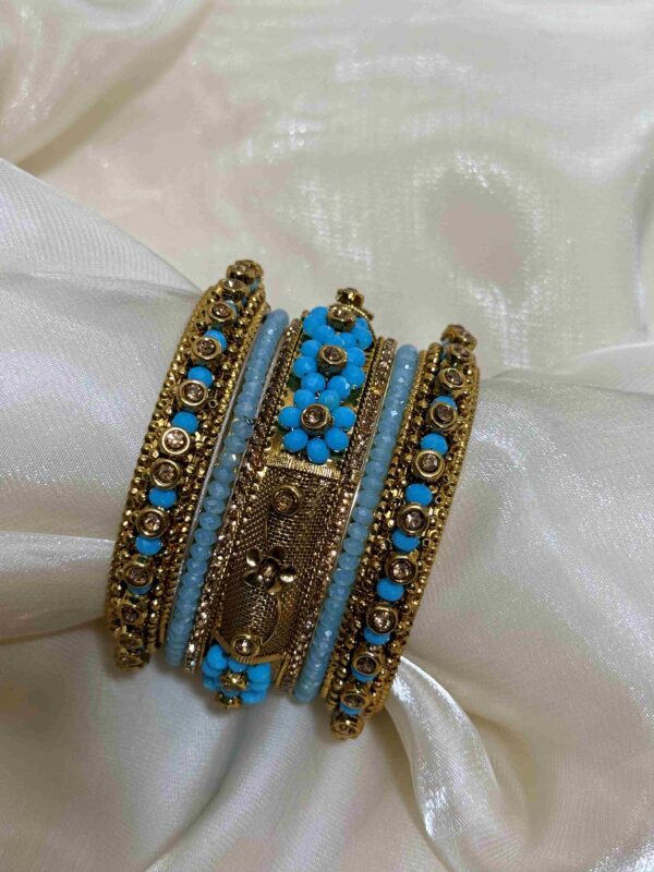 Elegant Gold and Blue Beaded Bangles - Image 3