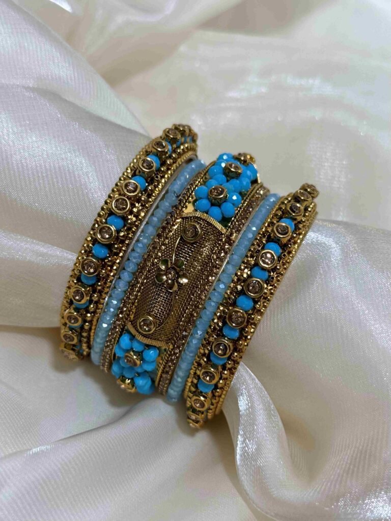 Elegant Gold and Blue Beaded Bangles