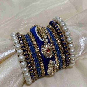 Elegant Blue and Gold Bangle Set with Pearl Accents