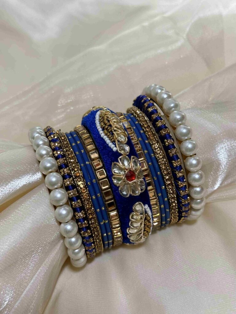 Elegant Blue and Gold Bangle Set with Pearl Accents