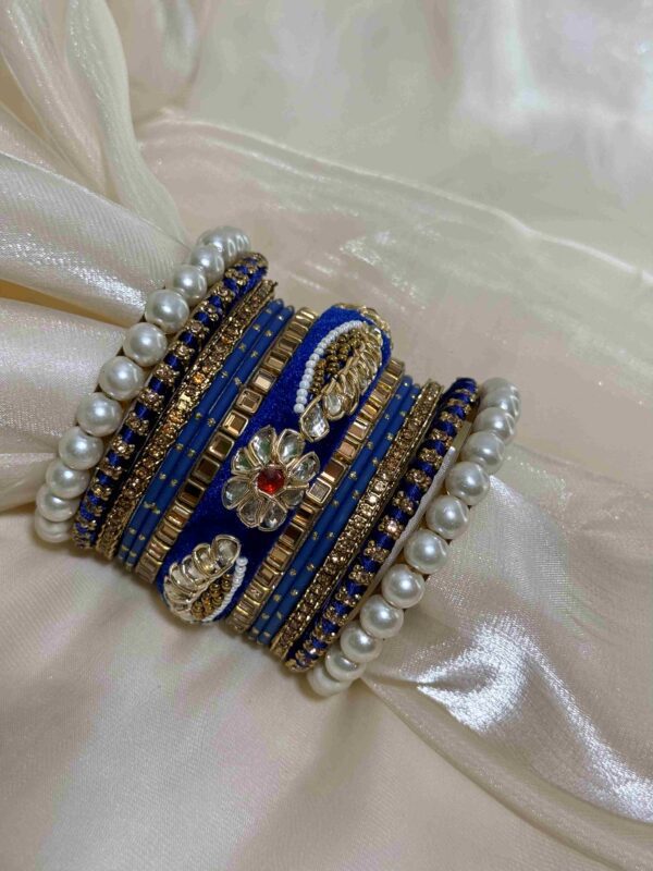 Elegant Blue and Gold Bangle Set with Pearl Accents - Image 2