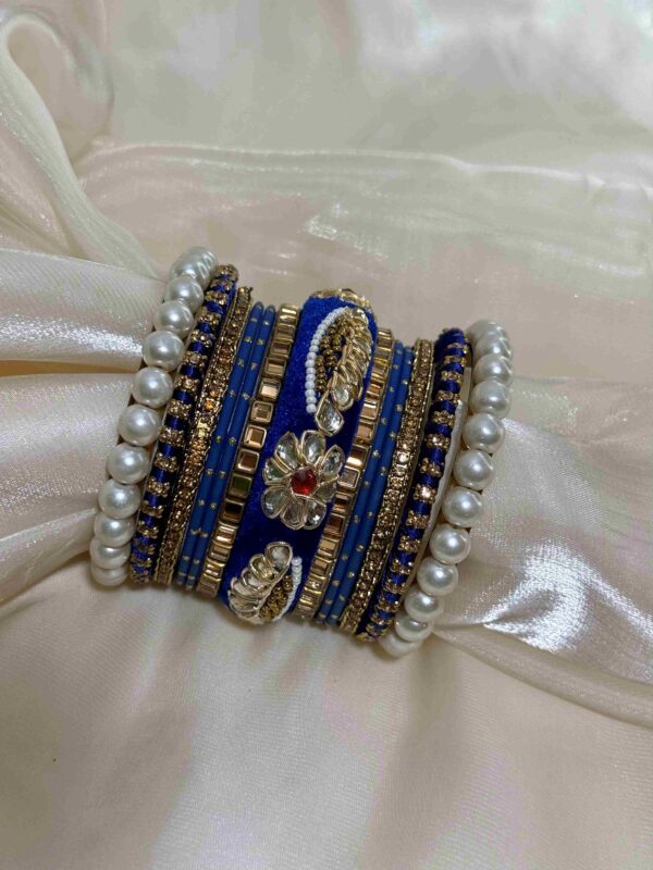 Elegant Blue and Gold Bangle Set with Pearl Accents - Image 3