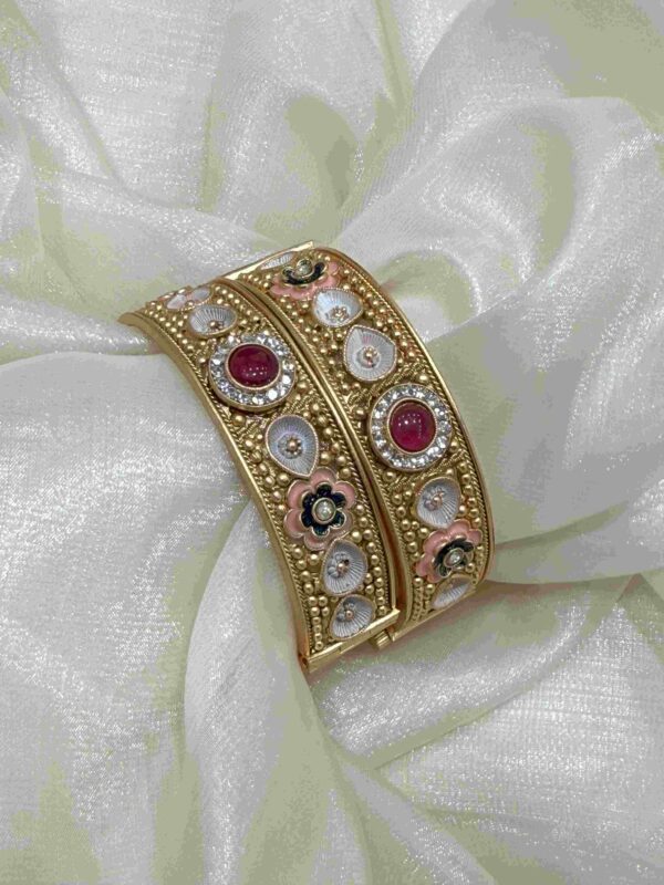 Opulent Rajwadi Gold and Enamel Floral Bangles - Image 2
