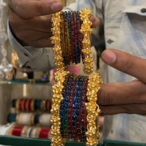 Royal Multi-Color Glitter Bangle Set (with Gold Jhumki Finish)