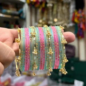 Pastel Charm Bangle Set with Gold Hanging Beads