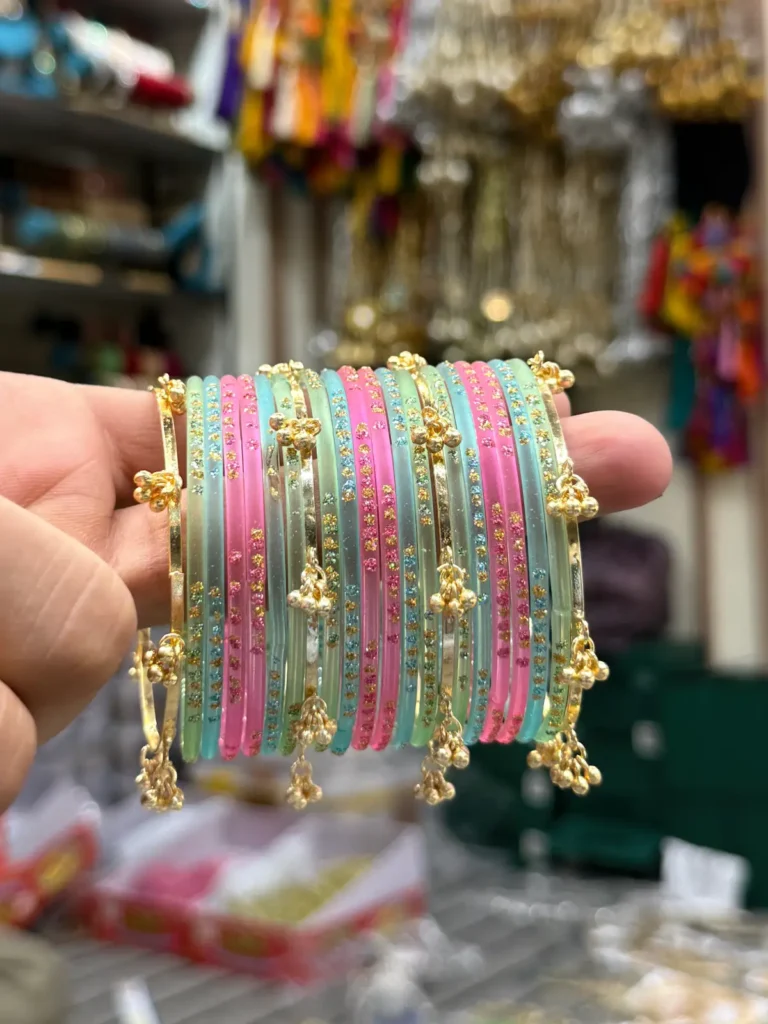 Pastel Charm Bangle Set with Gold Hanging Beads